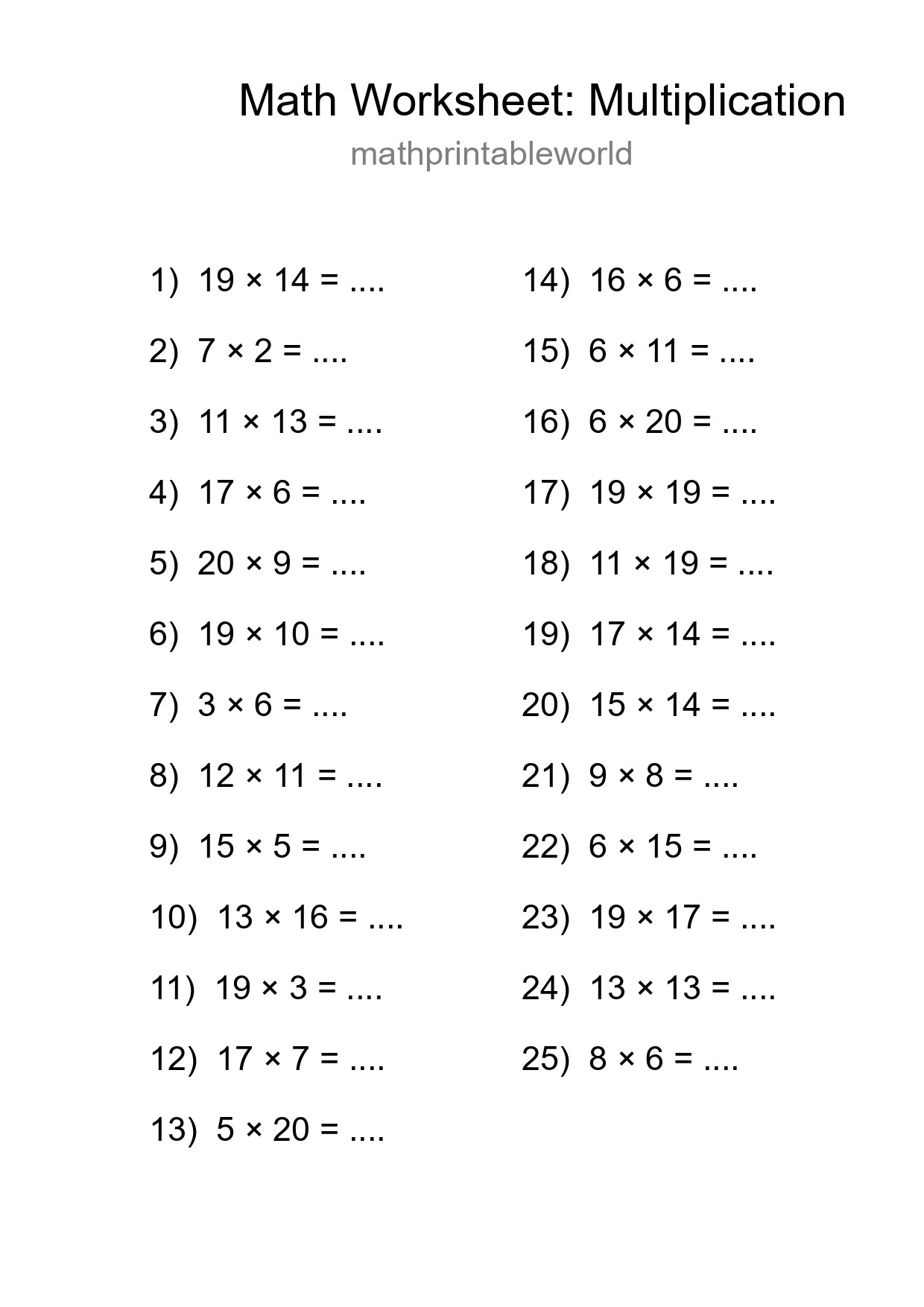 Printable Free 25 Multiplication Math Worksheet For Grade 2 - Part 17