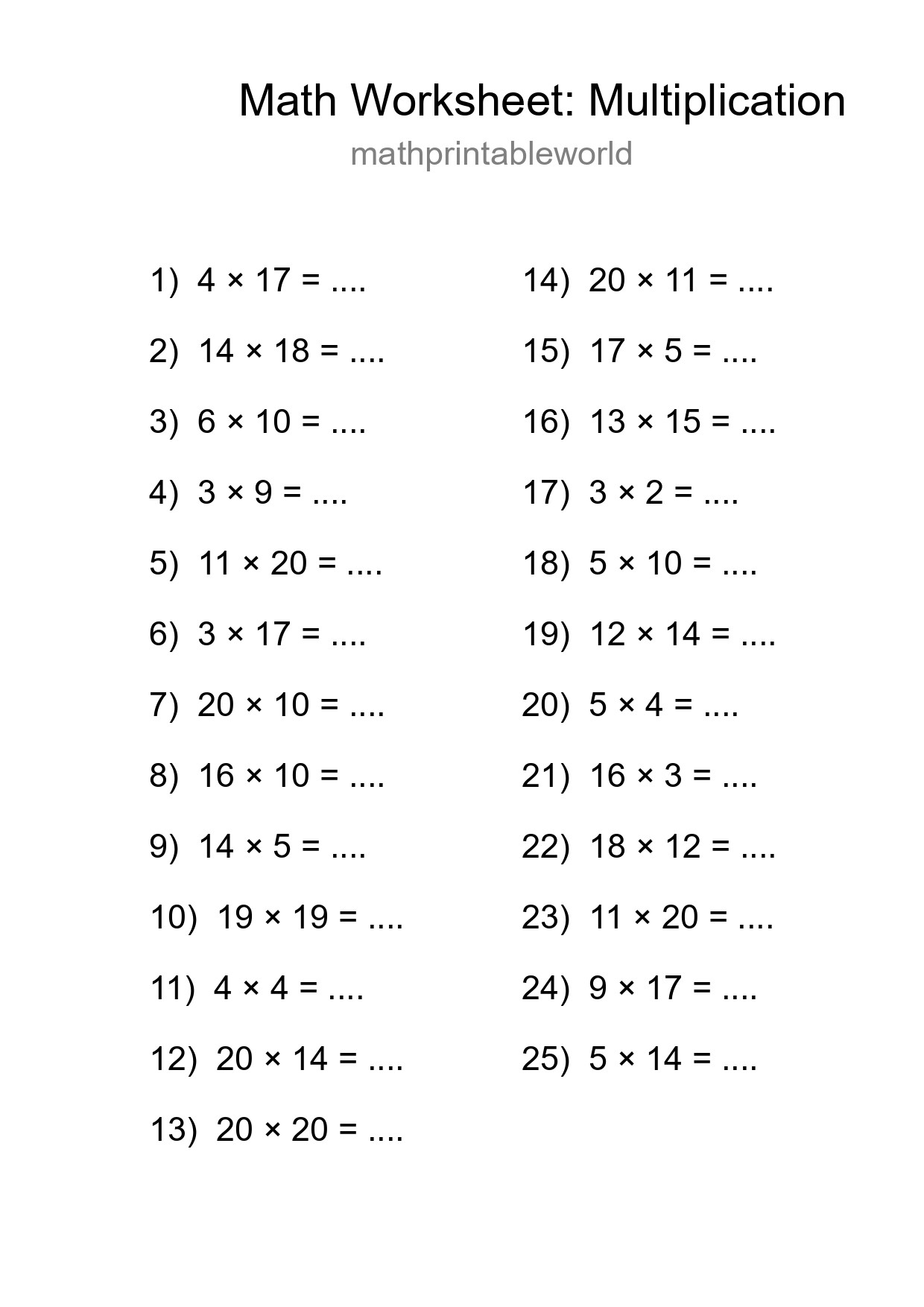 Printable Free 25 Multiplication Math Worksheet For Grade 2 - Part 67