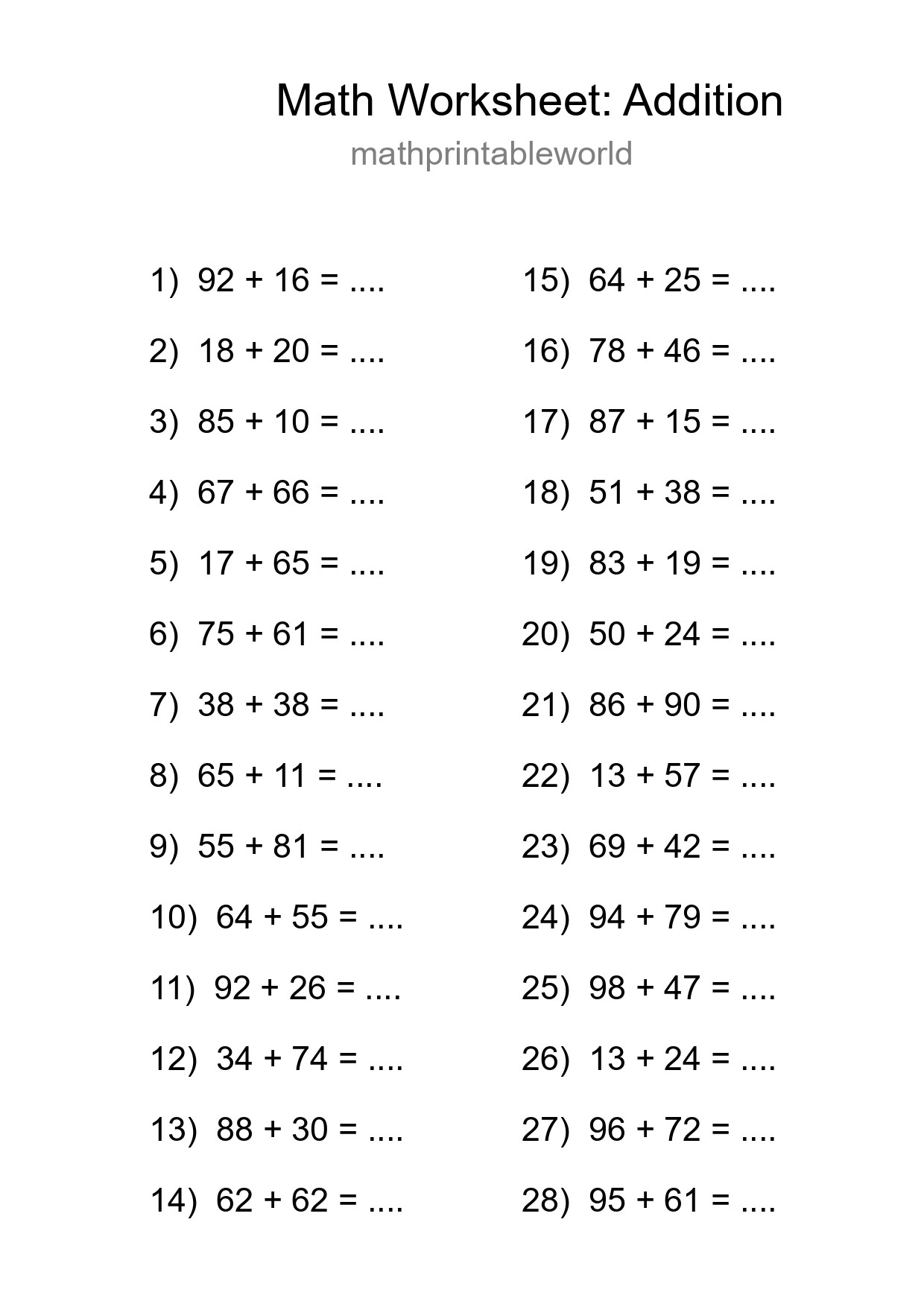 Printable Free 28 Addition Math Worksheet For Grade 3 - Part 31